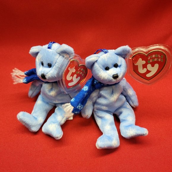 1999 Holiday Teddy The Blue Bear Ty Jingle Beanies Plush Ornament Set of 2 - Picture 12 of 13